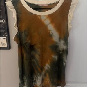 Ces Femme Olive, Rust & Cream Tie-Dye Ruffle Sleeve Tank